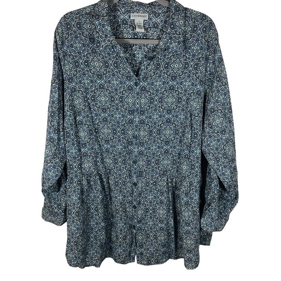 Catherines Peplum Geometric Print Button Up Shirt Women 1X Blue Roll Tab Sleeve - Picture 1 of 7
